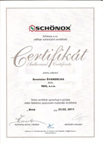 Certifikát pro prodej a užití materiálů Schonox